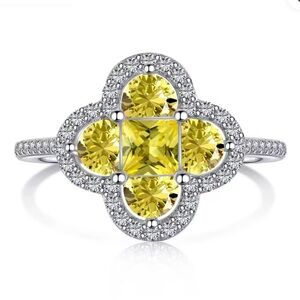 S925 Sterling Silver Yellow Cubic Zirconia Four Leaf Clover Flower Ring